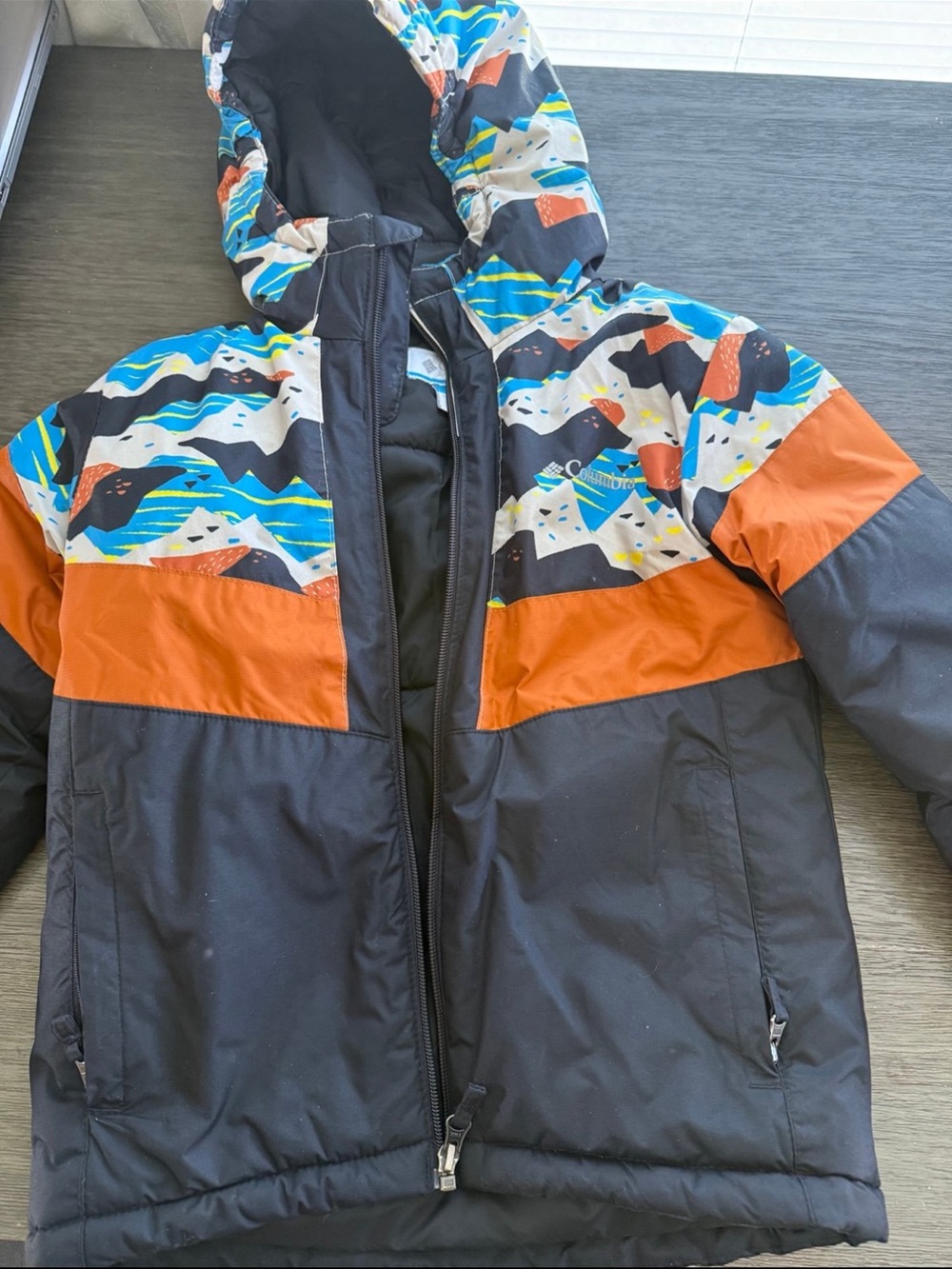 Columbia winter Kids Black and Orange Hooded Puffer with Multicolor Pattern